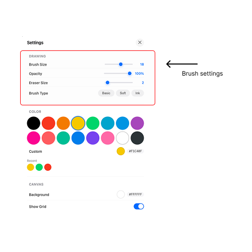 Brush settings in Settings modal