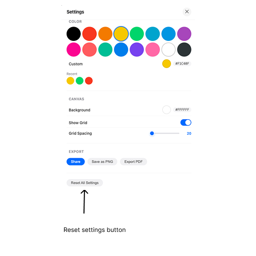 Reset settings button in Settings modal